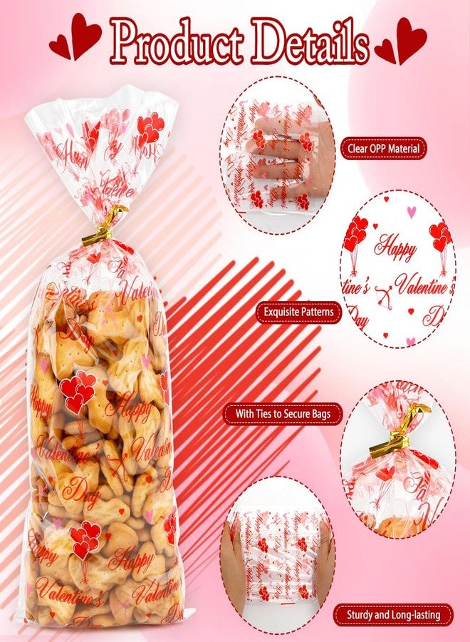 Slergut 100 Pcs Valentine Treat Bags Valentine Cellophane Treat Bags 5 x 10 Inch Plastic Candy Cookie Bag with Gold Twist Ties for Goodies 4 Styles Gift Favor Bag for Valentines Day Wedding Party Supplies - Image 4
